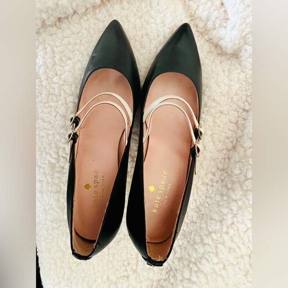 🎉HP🥳 Kate Spade Elpetha Heels in Black w/ Black Sparkle Heel & Cream Dbl Strap - Picture 5 of 16